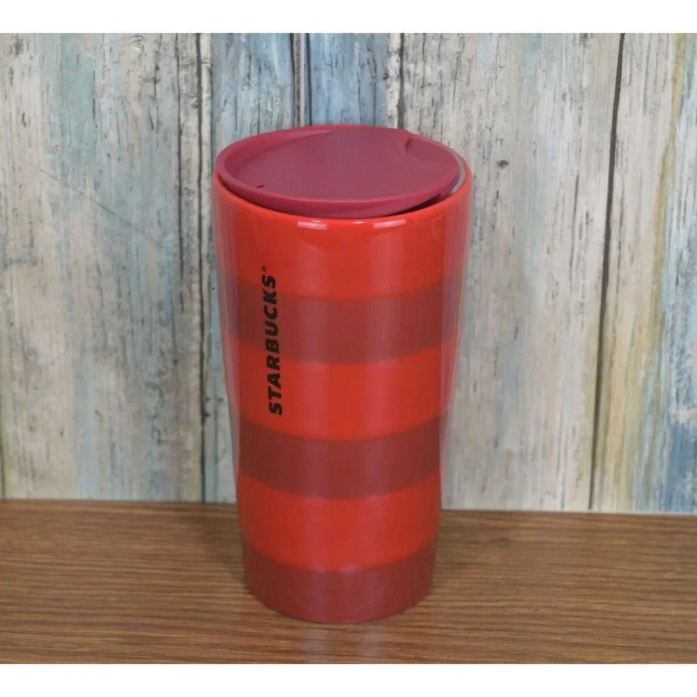 Starbucks Tumbler 12oz Red Striped Travel Mug Coffee Cup Horizontal Stripes NEW